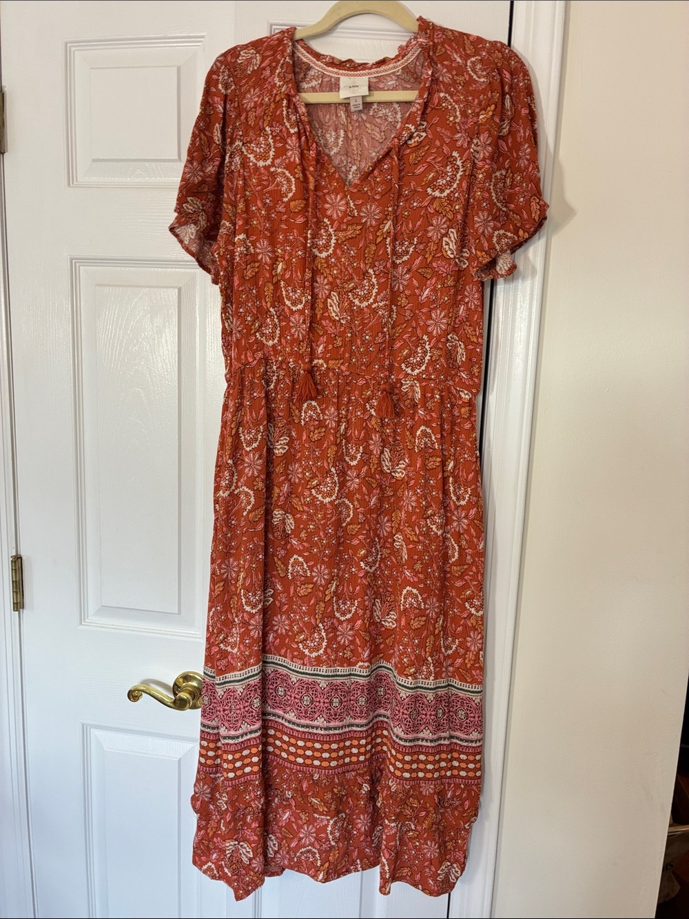 Knox Rose Rust Orange Floral Midi Dress with Tassel Ties, sz L